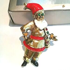 Antique Brooch Pin Christmas Santa Claus GREEN EYES  Holiday Sweater Coat Jacket